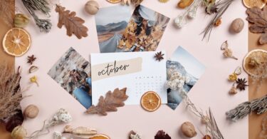 printed photos and october calendar paper surrounded by dried plants and flowers