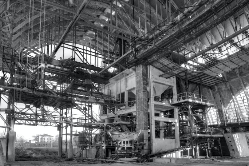 black and white picture of an interior of industrial building